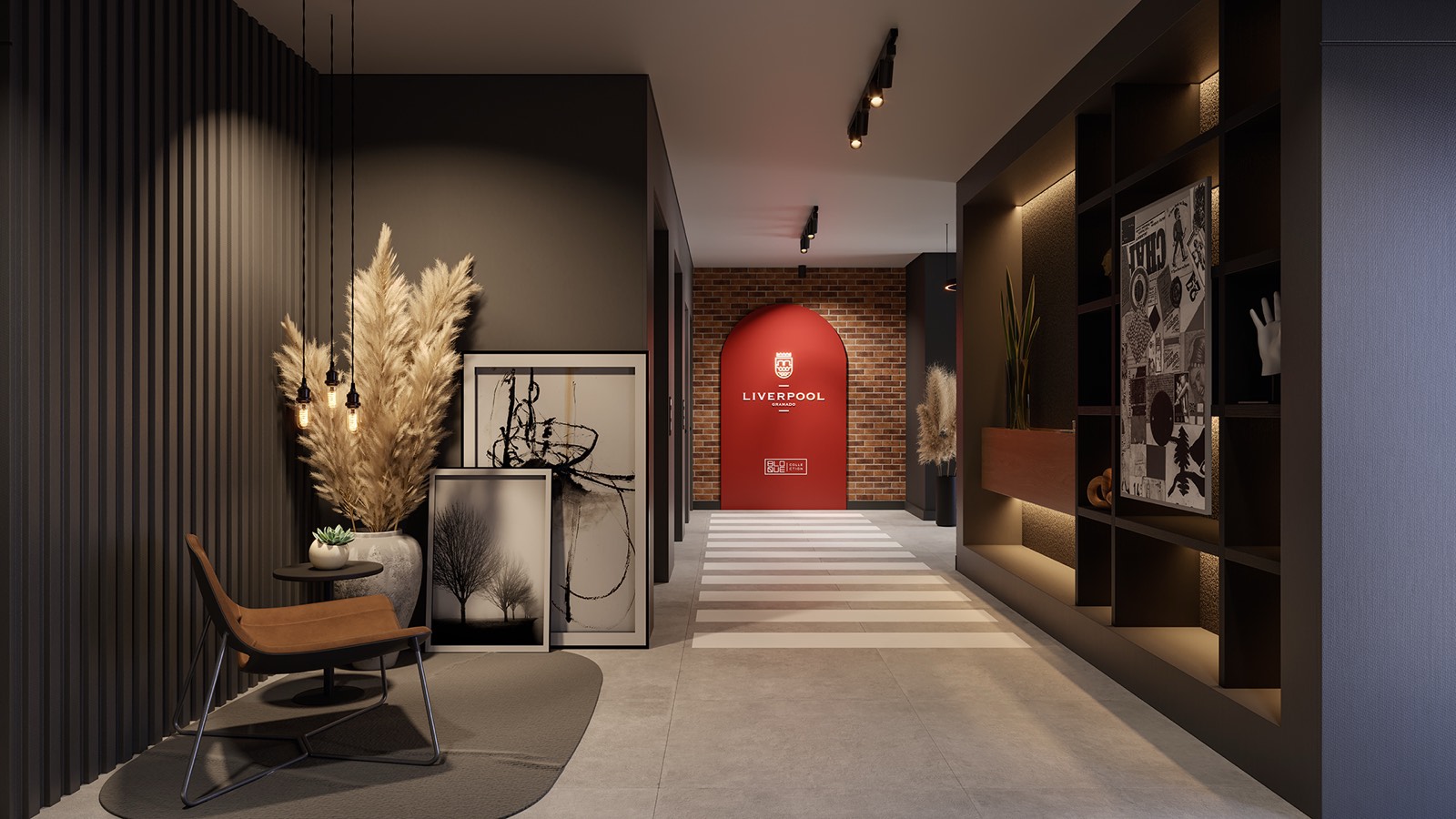 Hall de entrada com tijolo aparente, iluminação ,mbar e portal arqueado